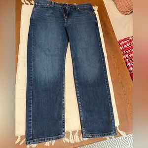 LeviStrauss 505 Mens jeans W36 L30, 5 pocket, zip up, dk blue. LeatherPatch.